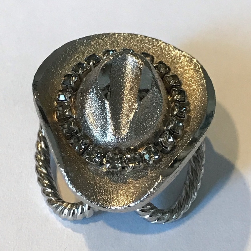 Vintage Western Cowboy Hat Scarf Slide Silver Tone Rhinestone Unisex